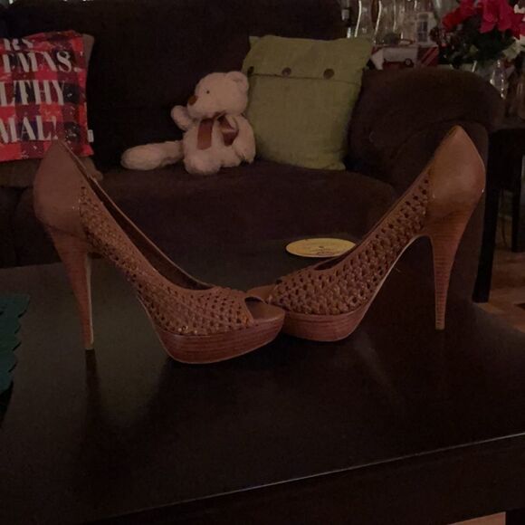 Brown Weaved Peep Toe Stilettos - Picture 2 of 9